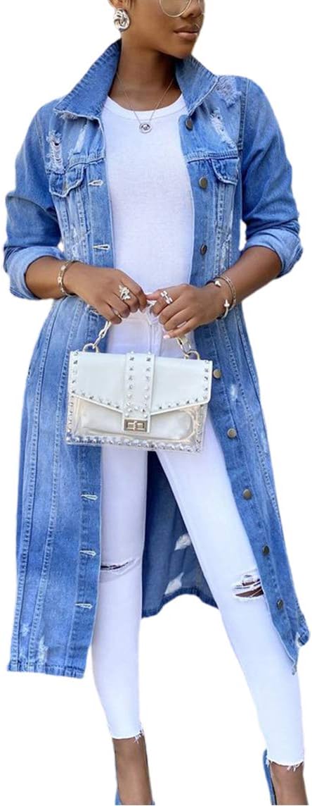 chouyatou Women's Distressed Hole Over Knee Midi Long Denim Jacket Trench Coat