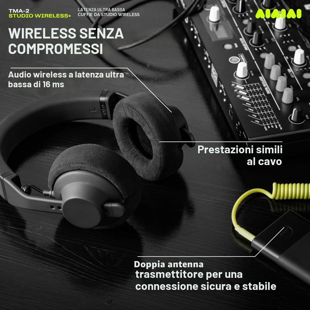 AIAIAI TMA-2 Studio Wireless+ cuffie professionali con audio wireless non compresso a latenza ultra bassa, cuscinetti over-ear in memory foam, Bluetooth integrato e cavo spiralato rimovibile