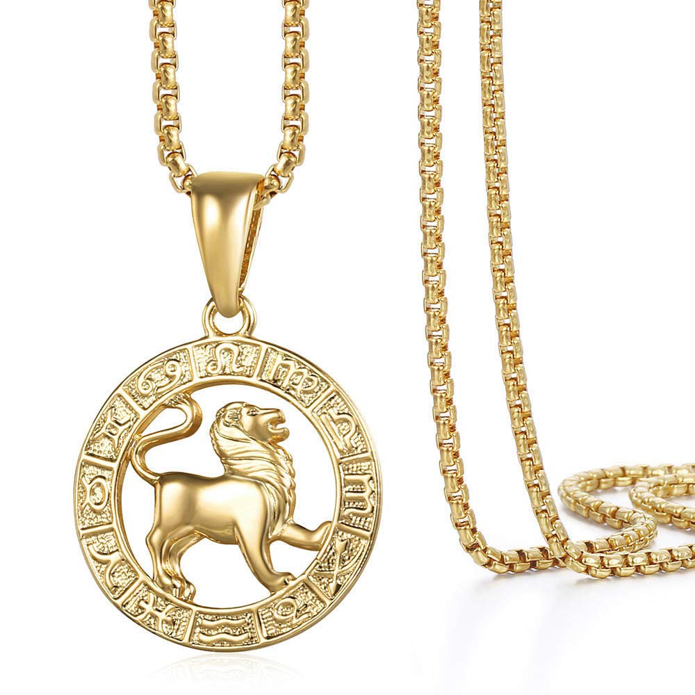 Gold Plated Zodiac Sign Pendant Necklace for Women Men Leo AriesConstellation Horoscope Pendant Stainless Steel Box Link Chain 22inch
