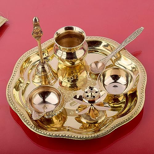 SATVIK Brass Pooja Thali Set (7 Piece) Om Laxmi Ganesh Design Puja Set with Thali Ghanti Bowl Agarbatti Holder Kalash Panchmukhi Diya & Spoon Round Thali 20.32 cm