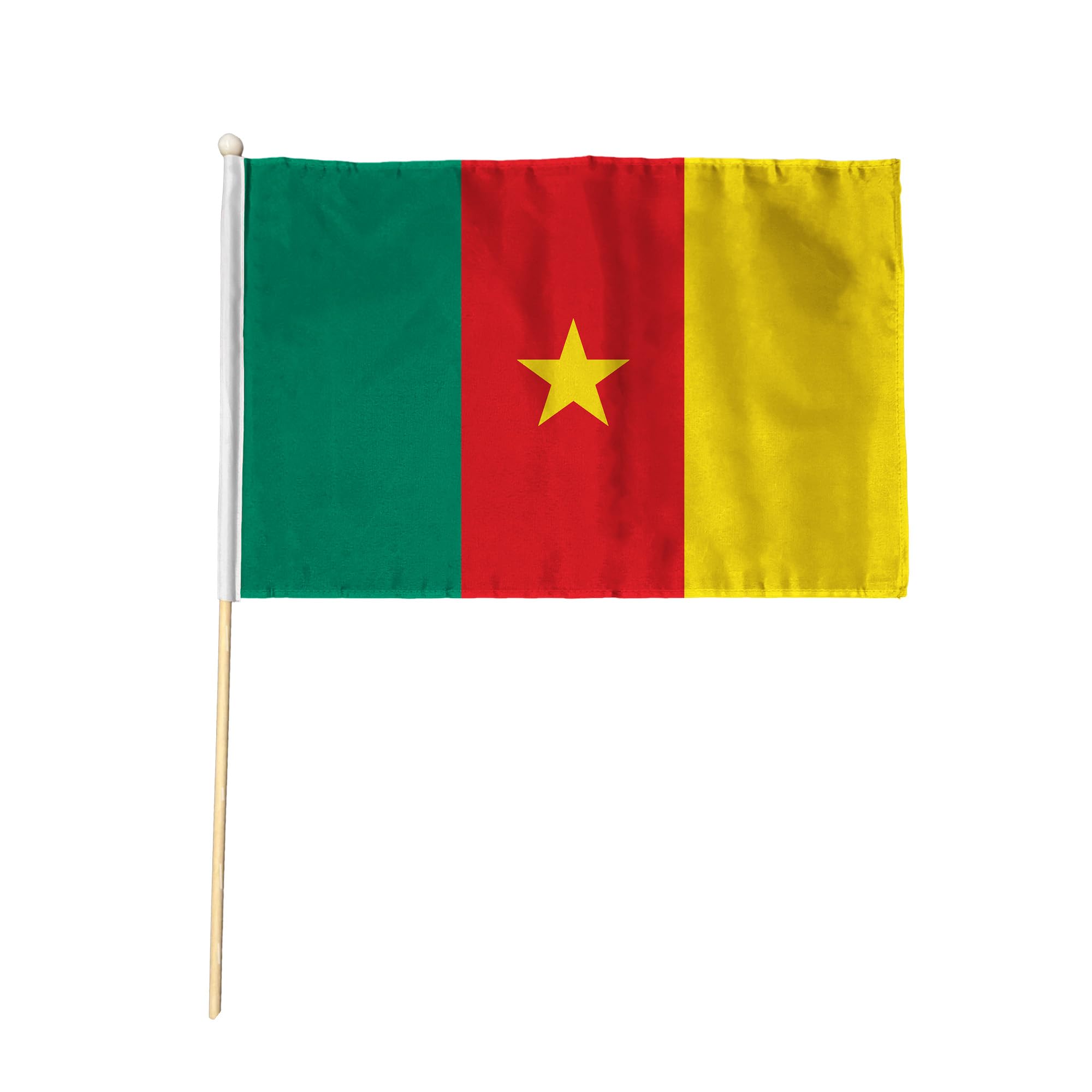 Flagtex Cameroon Pack of 2 Hand Waving Flag (18x12 Inch Large) - Premium Wooden Stick Hand Flag Big Size Natural Wood Pole Cameroonian National Flag Events Celebrations Sports Gatherings