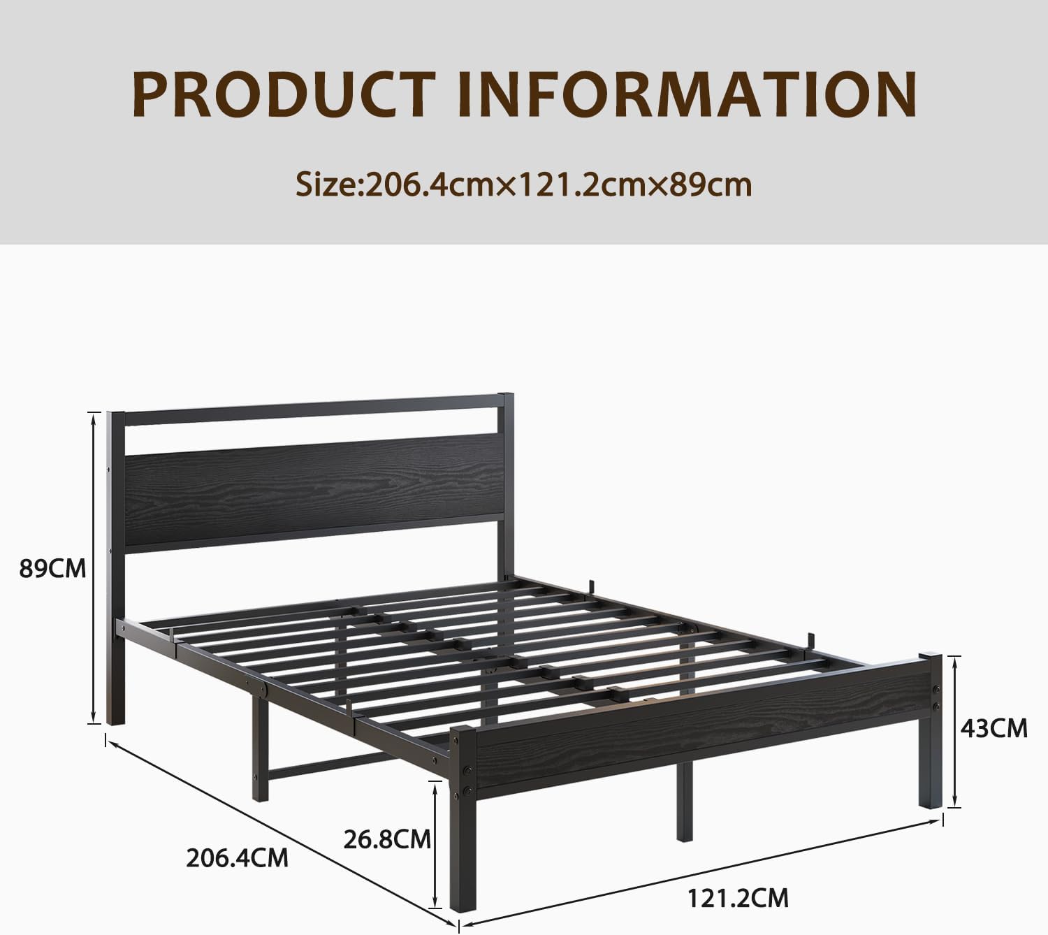 Diagram showing HOJINLINERO bed frame dimensions: 206.4cm length, 121.2cm width, 89cm height, 43cm bed base height, 26.8cm under-bed clearance