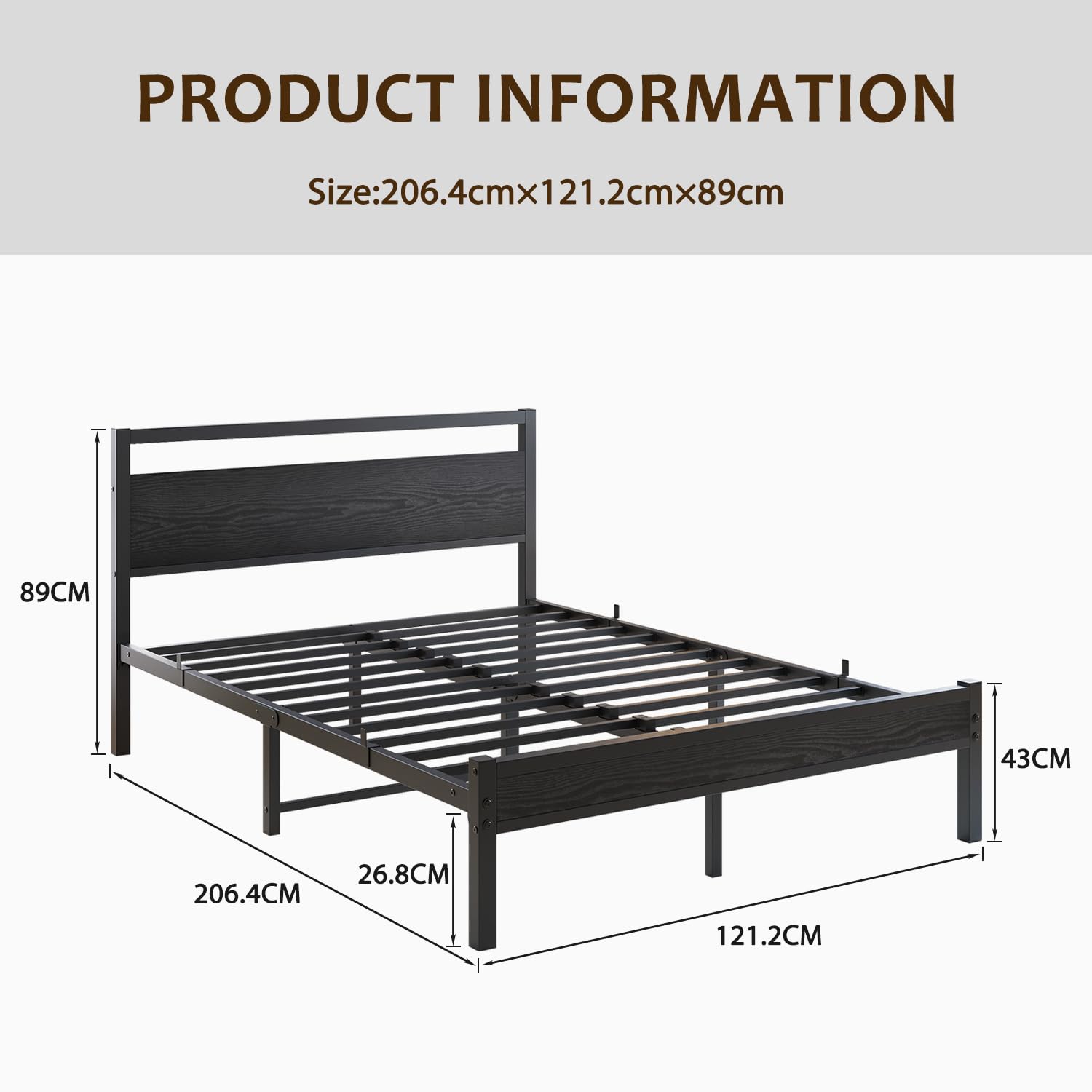 HOJINLINERO Telaio letto in metallo legno, struttura letto in metallo, 120 x 200 cm, con rete a doghe, letto matrimoniale per ragazzi con spazio di archiviazione, colore nero