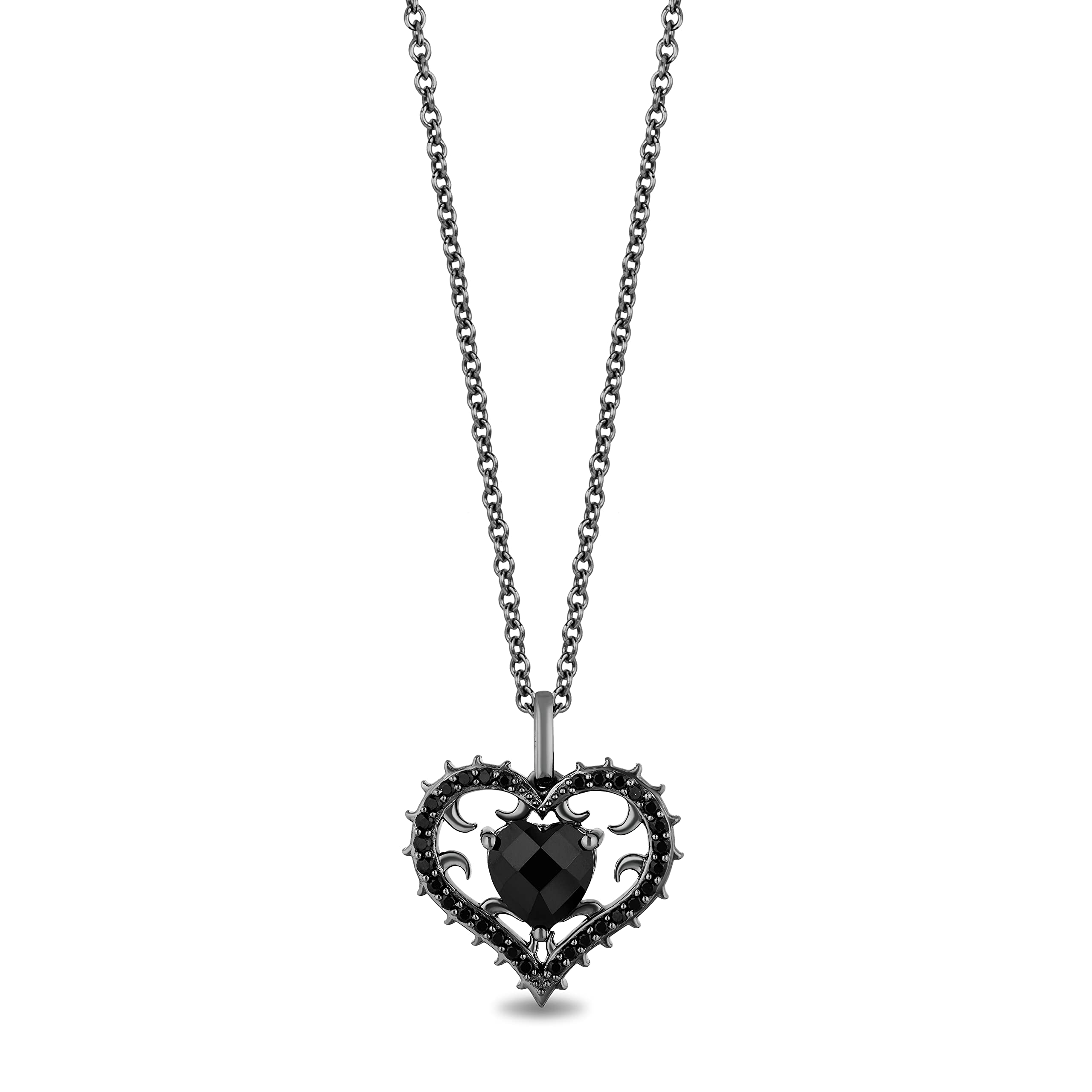JeweliliEnchanted Disney Fine Jewelry Black Rhodium Over Sterling Silver  MM Heart Cut Onyx and 1/4 CTTW Treated Black Round Diamond Maleficent Heart