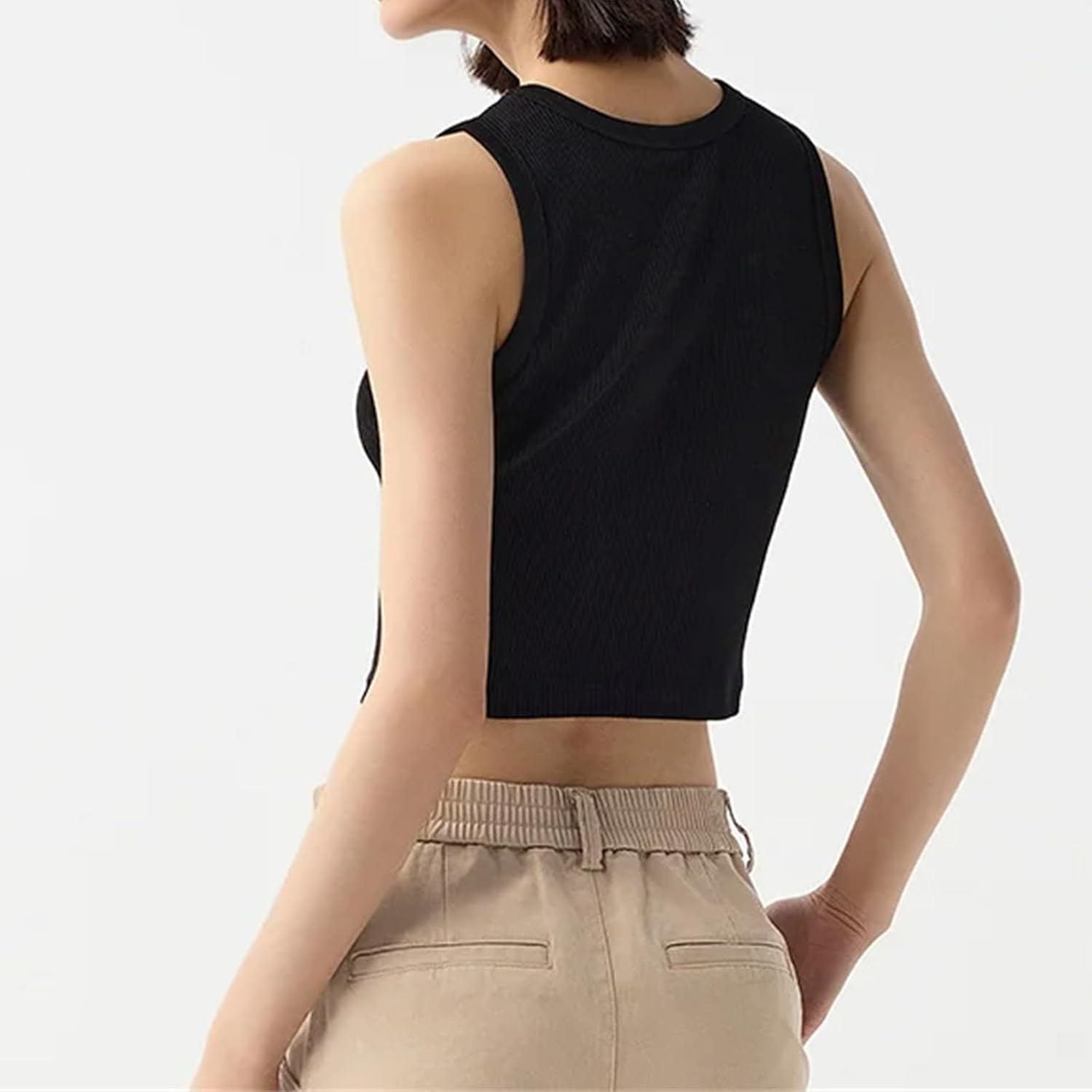 Womens Round Neck Short Style Skinny Solid Color Vest Versatile Daily Base Layer Inner Wear