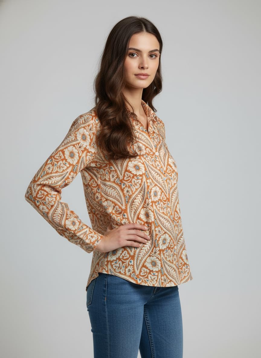 ANNI Designer Bedrucktes Damenhemd aus Baumwollmischgewebe, langärmelig, normale Passform, Hemdkragen, legere Bürokleidung, elegante Western-Kleidung für den Alltag, Hochzeit, Party