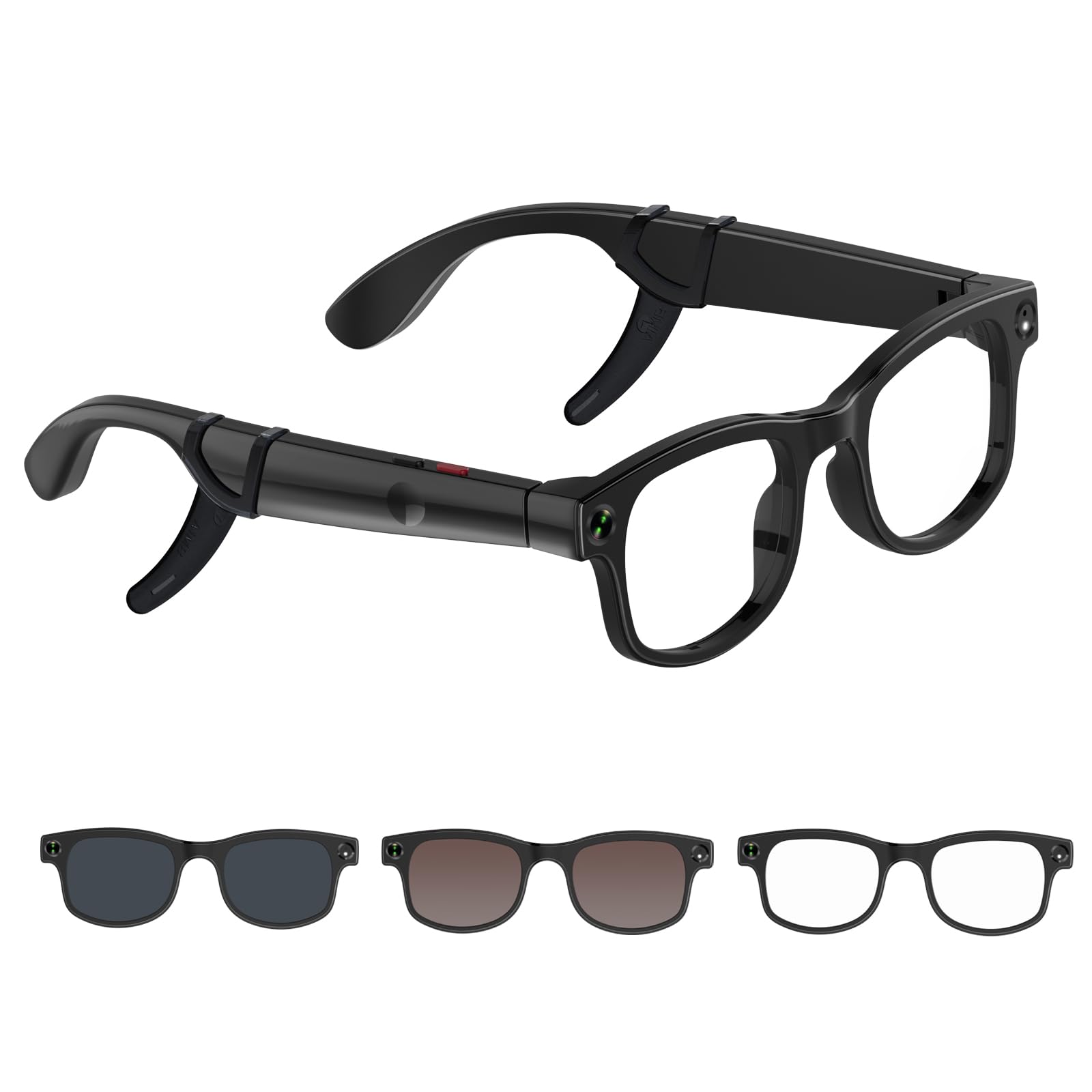 ai smart glasses with camera, real-time language translation eyewear with 3-in-1 interchangeable lenses (blue light/sunglasses/brown), 1080p video recording eyeglasses with anti-slip ear hooks
