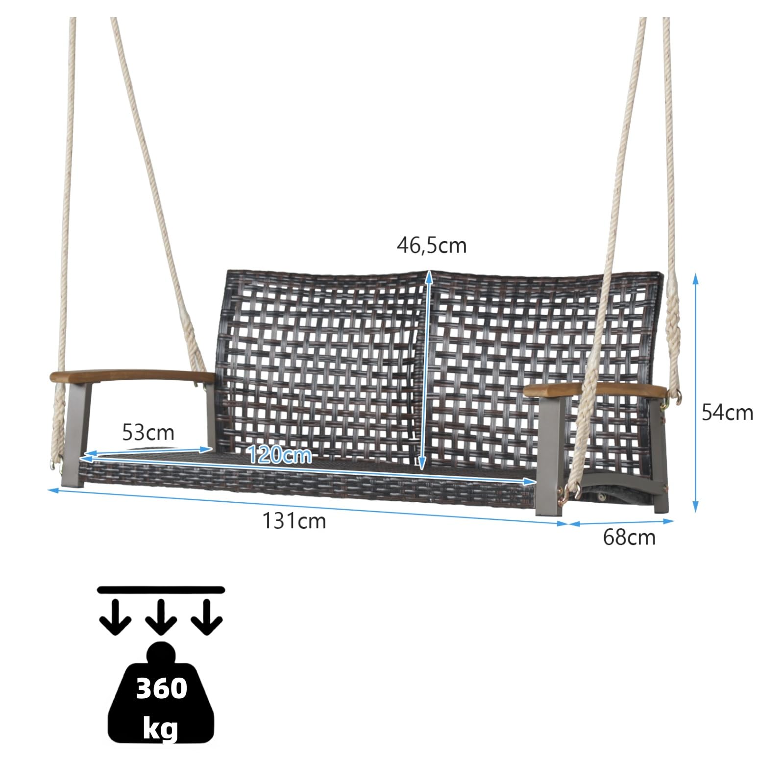 LIFEZEAL Columpio de jardín suspendido de 2 plazas, Columpio Doble de Ratán PE, Columpio de Exterior para 2 Personas con Respaldo Curvado y reposabrazos de Madera, Capacidad de Carga 360 kg
