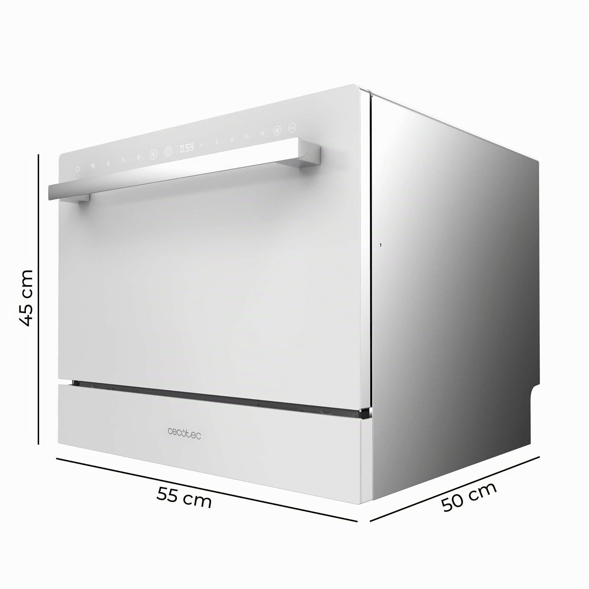 Cecotec Lavastoviglie Compact 6 Posate Bolero Aguazero 2400 White Glass, 1380 W, Finitura vetro bianco, 5 programmi, Controllo pannello touch, Programmabile fino a 24 ore, Child Lock e cestino per