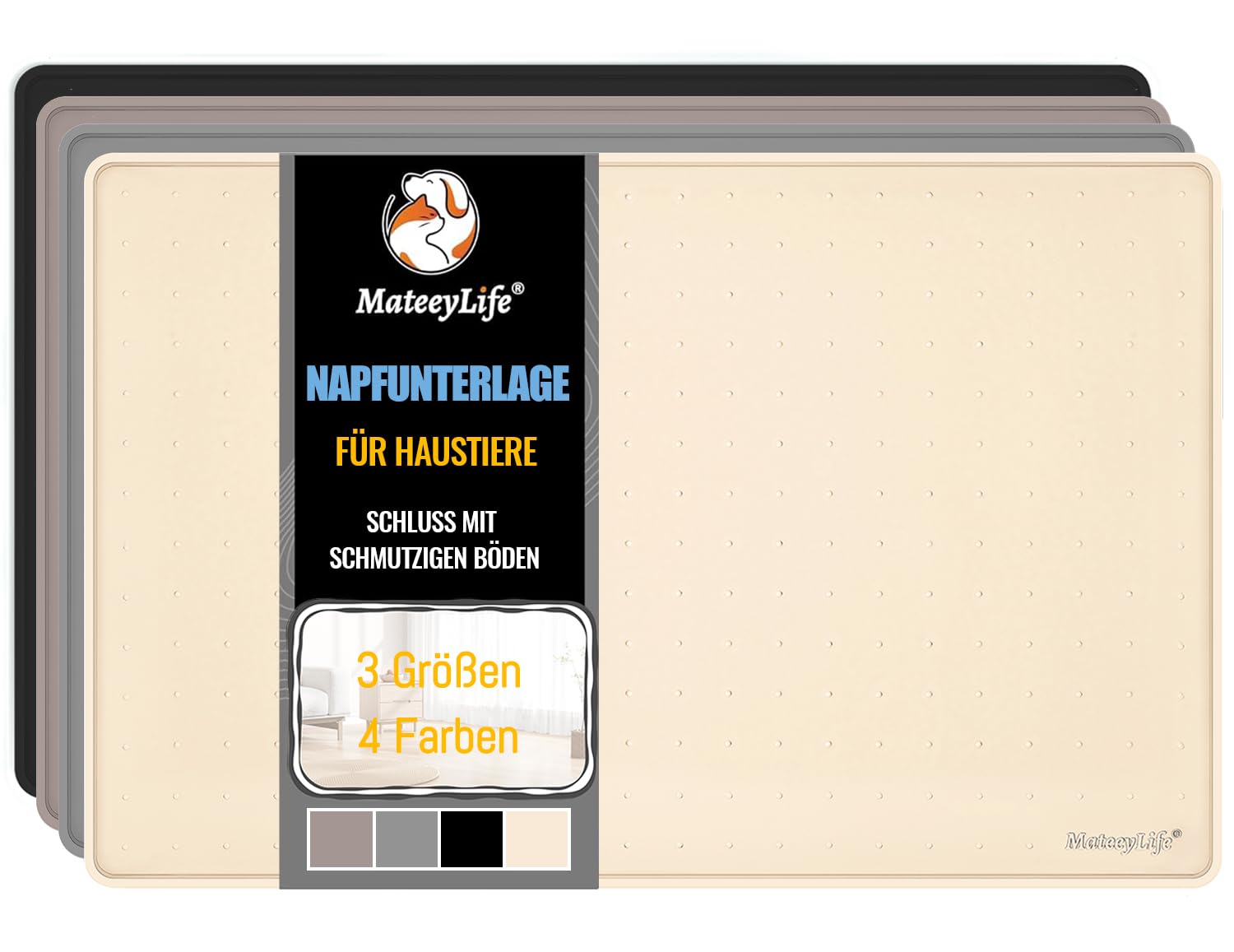 MateeyLife Silikon Napfunterlage Katzen & Hund, Katzennapf Unterlage Hundenapf rutschfest, wasserdichte Unterlage Futtermatte Hund, Futterunterlage Katz Groß, Mittle und Klein, 56x36cm, Beige