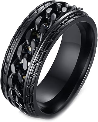 KnBoB Spin Rings for Anxiety Women, Fidget Spinning Rings for Anxiety Engraved Size 12 8MM Black with Chain Link and Spinner Ring