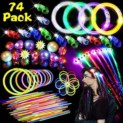 74 PCS Bulk LED Light Up Toys Glow Party Favors for Kids with Glow Sticks, LED Finger Lights, Flashing Bumpy Rings, Flashing Hair, Glow Bracelets for Party Supplies Holiday Birthday School Prize Gift