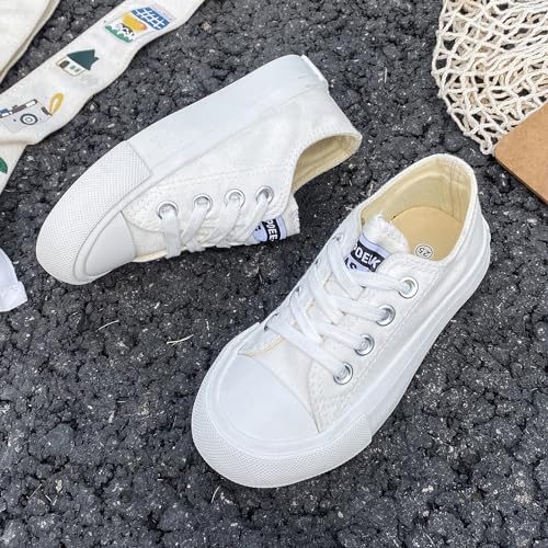 Girls and Boys Low Top Comfortable Canvas Kids Lace up Sneakers White2