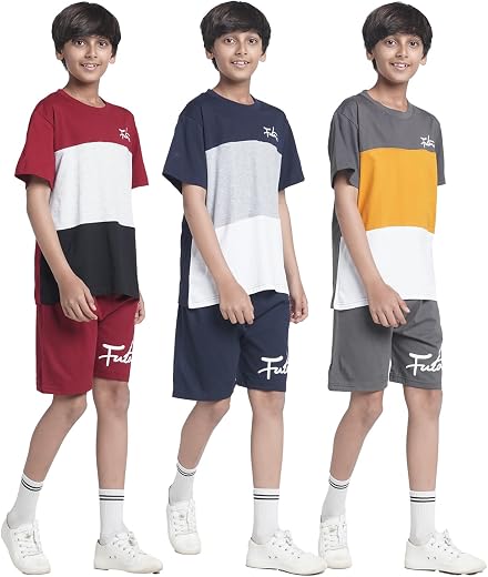 T2F Boys Cotton Printed Regular Fit T-Shirt and Shorts Clothing Set (Pack of 3)