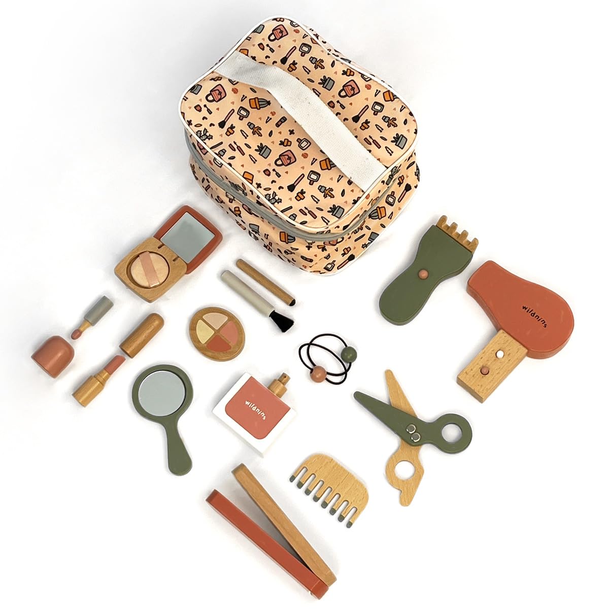 WILDNINS Set de peluquería para niños niñas de madera, set maquillaje, pelo y uñas, juguete creativos set