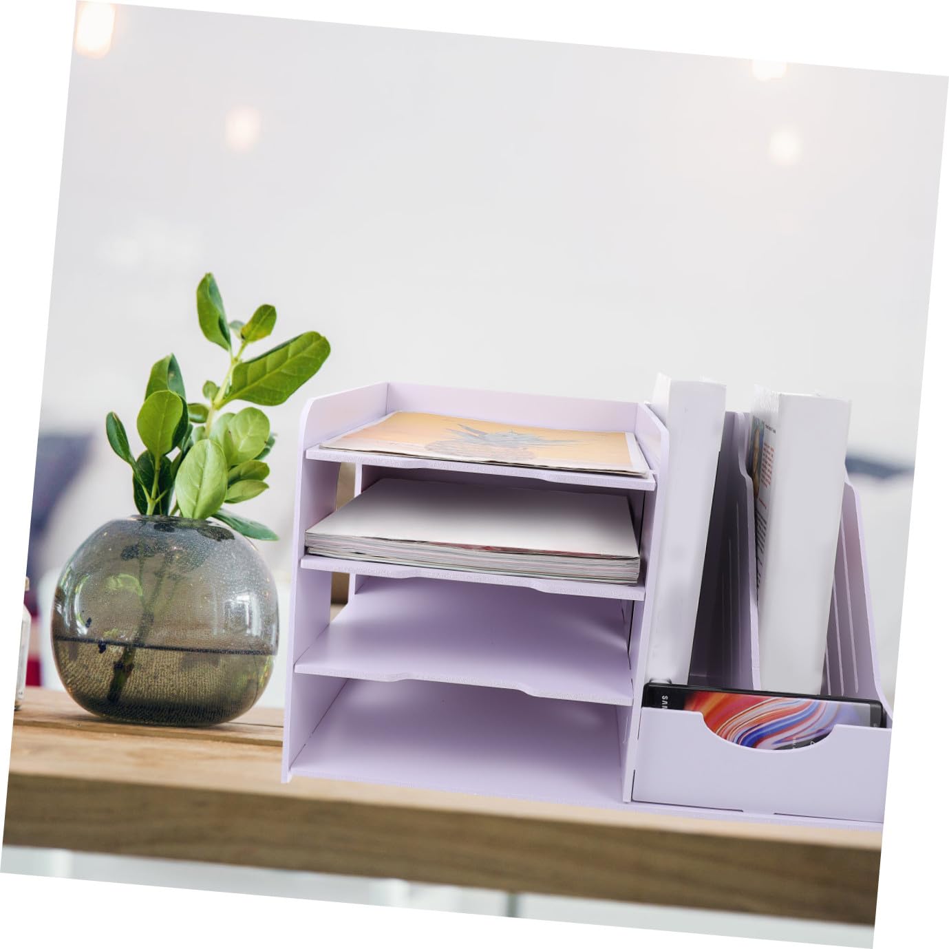 Estante de archivos multicapa con compartimentos laterales, estante de almacenamiento de escritorio para documentos de oficina, papelería y libros, ideal para uso doméstico y oficina