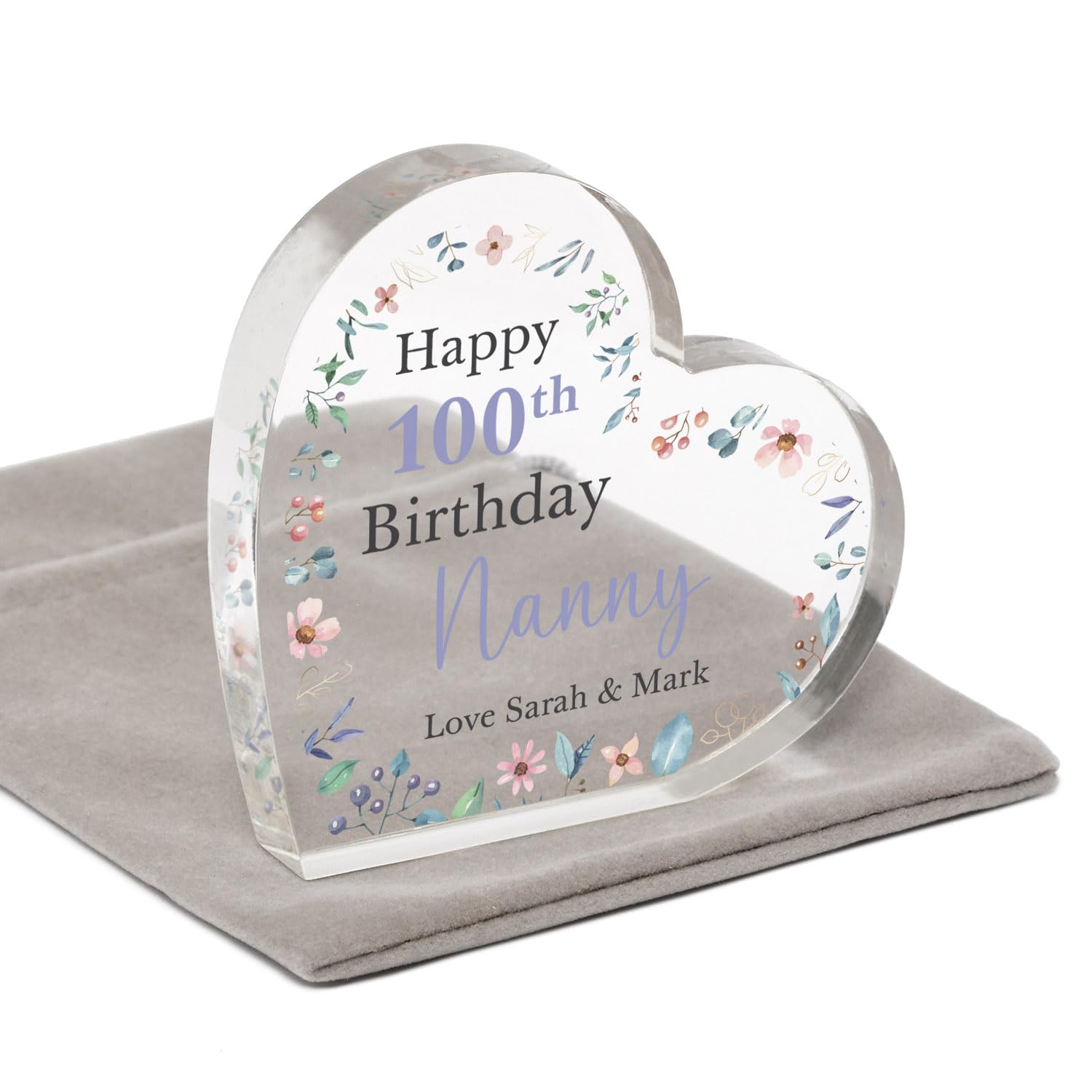 Beecreative Personalised 100th Birthday Gifts for Women Mum Nan Nana, 100th Birthday Gifts For Her, 100 Years Old Present, 100 Today, Acrylic Heart Plaque, With Grey Bag