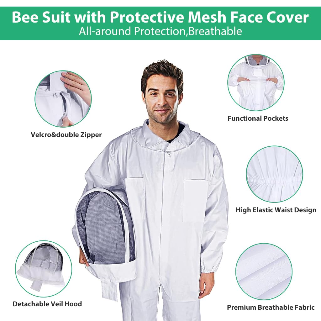 HASTHIP® Bee Suit with Protective Mesh Face Cover Hood Zip Up Long Sleeve Jumpsuit Breathable Outdoor Summer Bee Suit for 175-185cm Height Adult - Image 2 thumbnail
