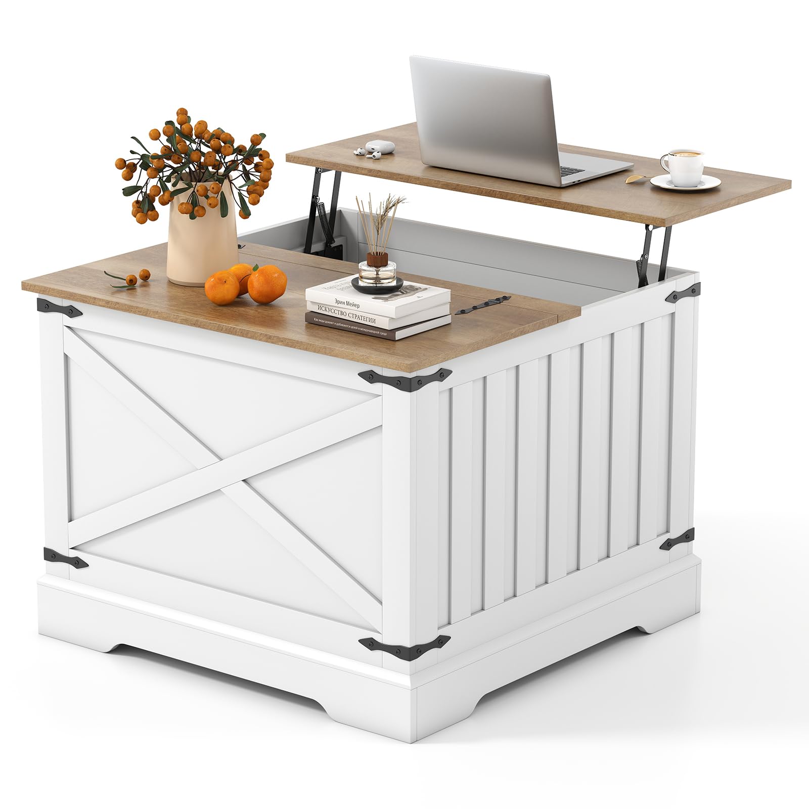 COSTWAY Lift Up Top Coffee Table, 80cm Square Lifting Cocktail Center Table with Hidden Storage Compartment, Farmhouse Wooden Accent Sofa Side Tea Tables for Living Room Office (Brown+White)