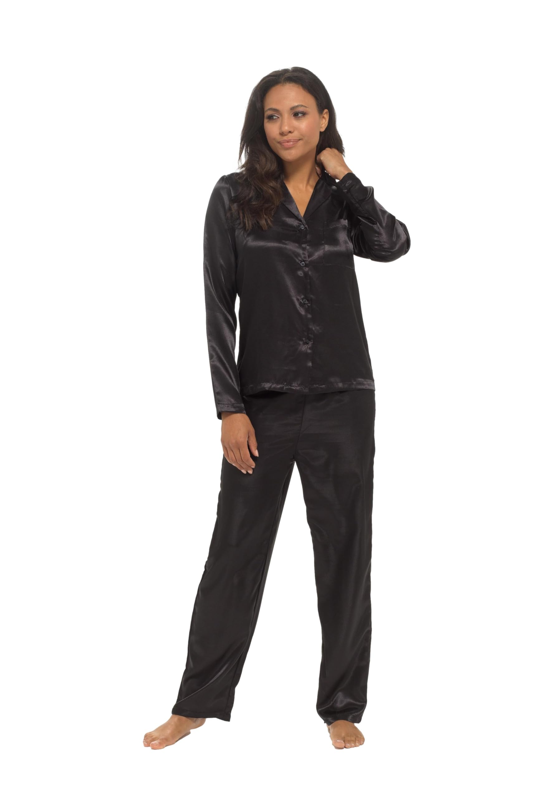Ex Uk Store Women's Classic Black Satin Pyjamas Silky Traditional Button Up Pj Sets Sleep Lounge Night Wear (Black 12-14)