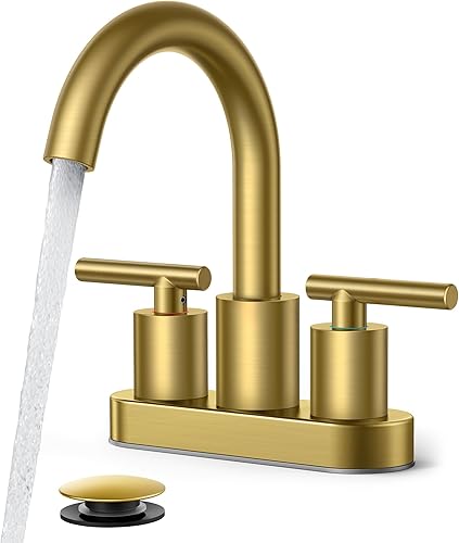 Miniatura 1 de FORIOUS Juego central de grifo de baño dorado cepillado de 4 pulgadas, 2 manijas y 2 agujeros dorados para tocador de baño con metal emergente,
