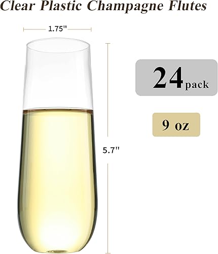Miniatura 2 de Paquete de 24 copas de champán de plástico sin tallo de 9 onzas, vasos de champán desechables transparentes, inastillables y sin BPA para fiestas,