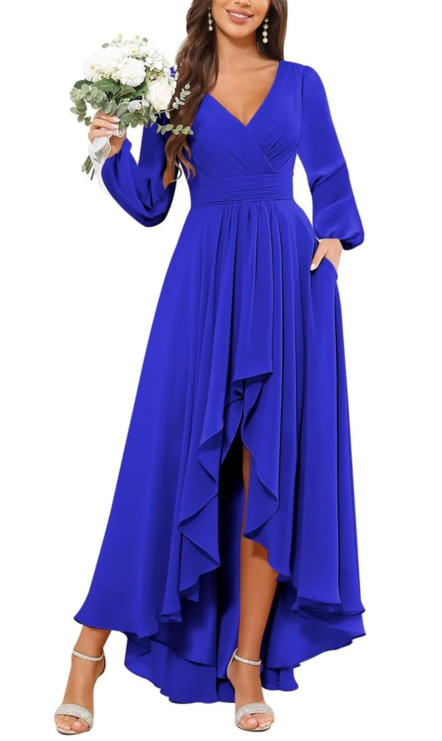 KURFACE Long Sleeve Bridesmaid Dresses with Slit for Women Ruched Royal Blue Chiffon Maid of Honor Long Formal Party Gown UK16