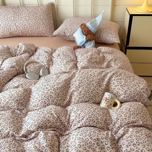 Image of VM VOUGEMARKET Leopard Duvet Cover Set Queen,Nude Beige Pink,Muslin Cotton