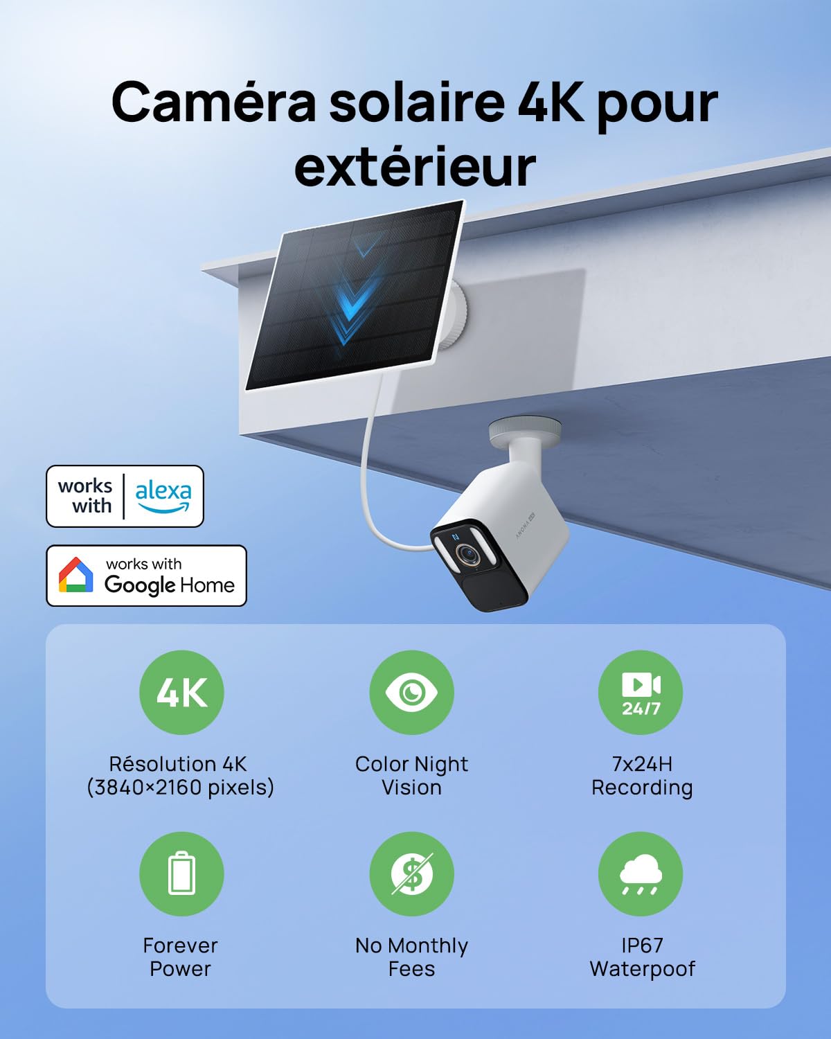 Anona Aurora 4K(8MP) Caméra Surveillance WiFi Exterieure sans Fil Solaire | Vision Nocturne Couleur, Sirène Alarme, Enregistrement AOV 24/7, Détection IA, 32 Go Local Sans abonnement, 2.4GHz, IP67