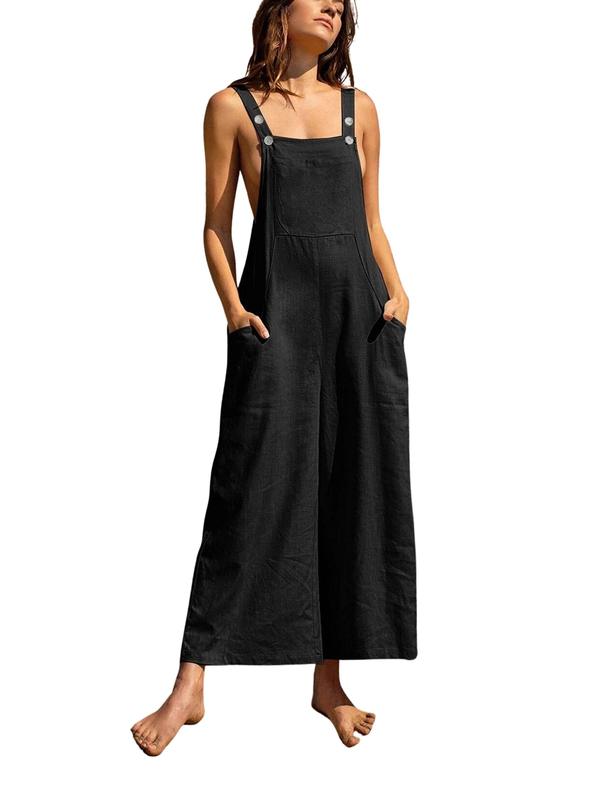 SpringrainWomens Casual Bib Overalls Loose Baggy Wide Leg Linen Jumpsuit with Pockets Long Pants Romper