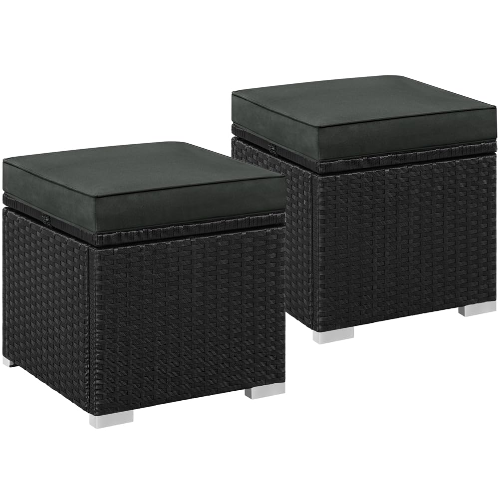 Yaheetech Poufs en Rotin pour Extérieur 2 pcs, Lot de 2 Ottomanes de Jardin en Rotin de Rangement avec Coussin 40 x 40 x 41 cm pour Amenagement Balcon Terrasse Noir/Gris