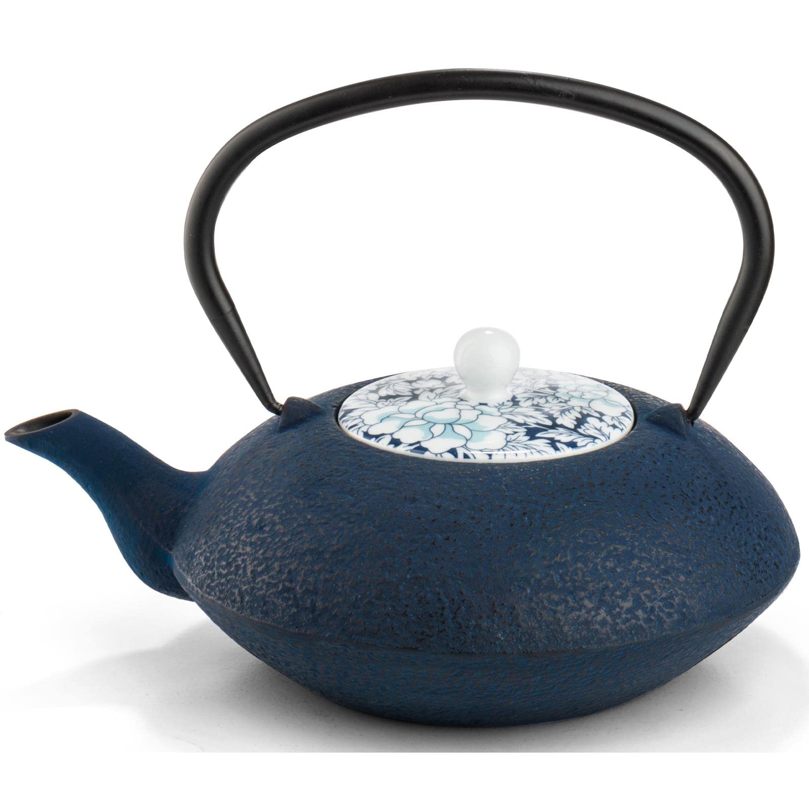 Bredemeijer Teekanne asiatisch Gusseisen Set blau 1.2 Liter Teekessel mit Edelstahl Tee-Filter Sieb-Einsatz für losen Tee & gusseisernen Stövchen inkl. 6 blauen Teebecher Porzellan