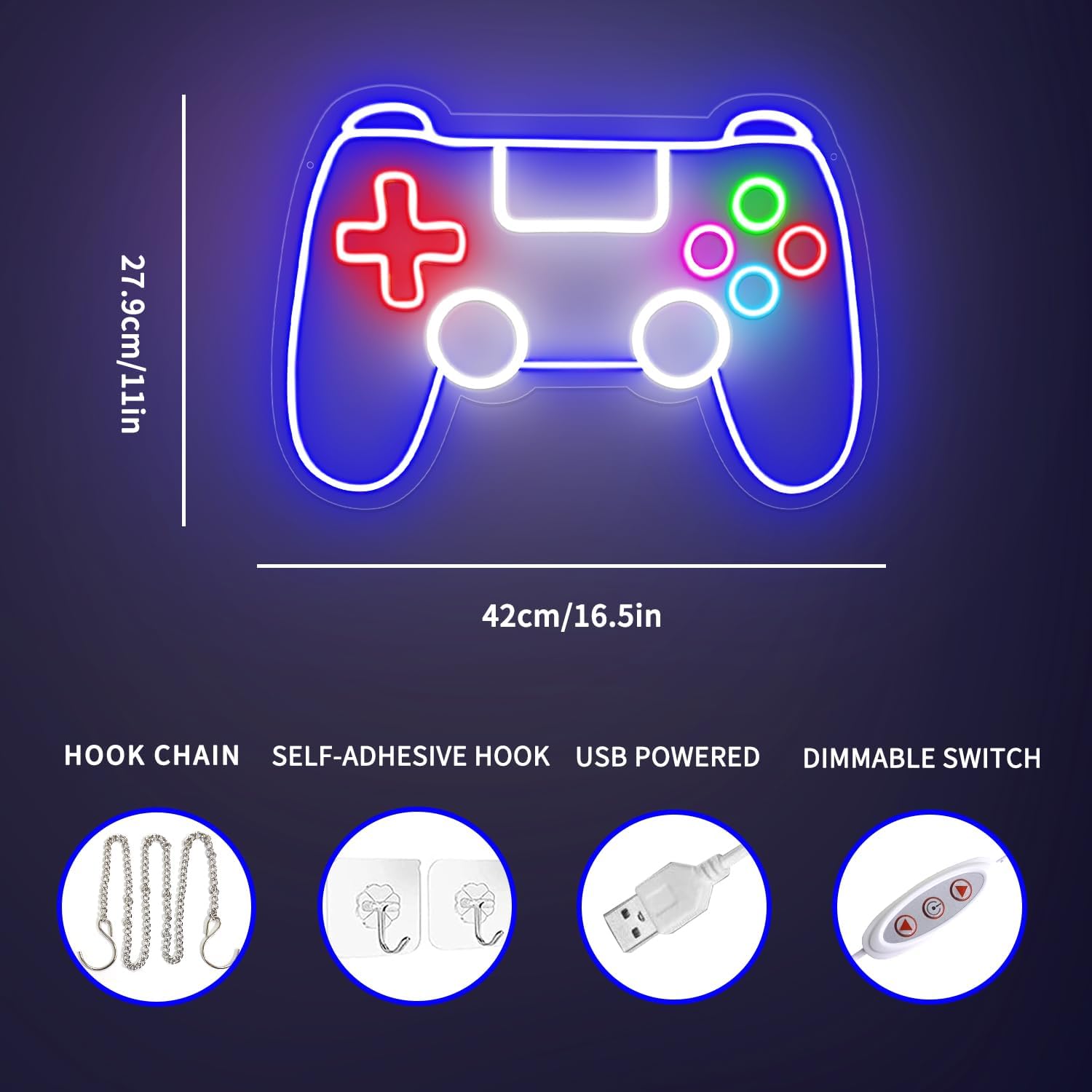 Gamepad Neon Sign - Dimmable USB Powered LED Light for Game Room/Teen Boy Bedroom Decor, Birthday Christmas Gift for Gamers - Image 3