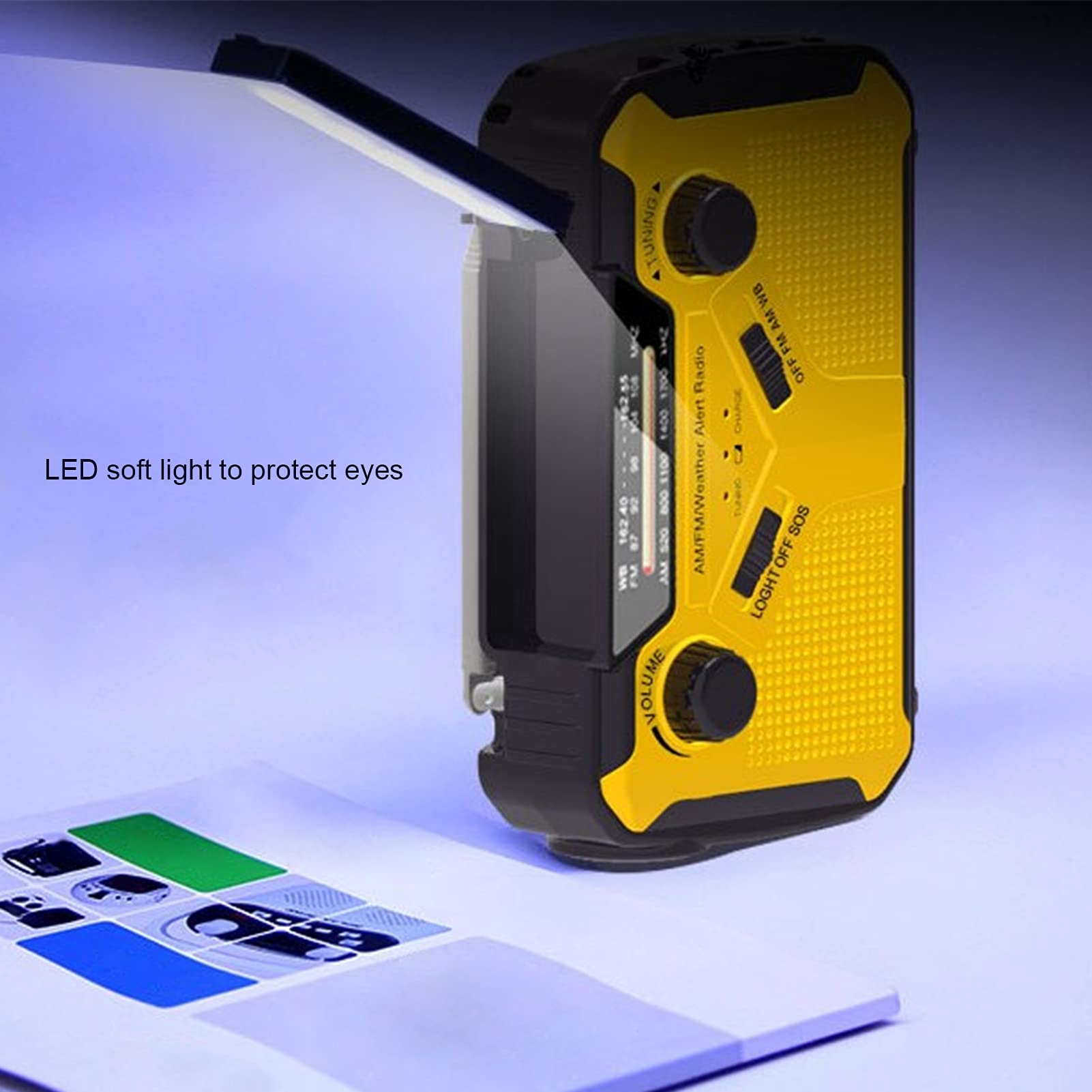 Dpofirs Radio FM AM Extérieure Portable pour SOS, Radio d'urgence Solaire avec Capacité de Batterie Portable 2500MAH, Lampe de Poche LED Lumineuse et Lampe de Lecture, Radio Météo à Manivelle