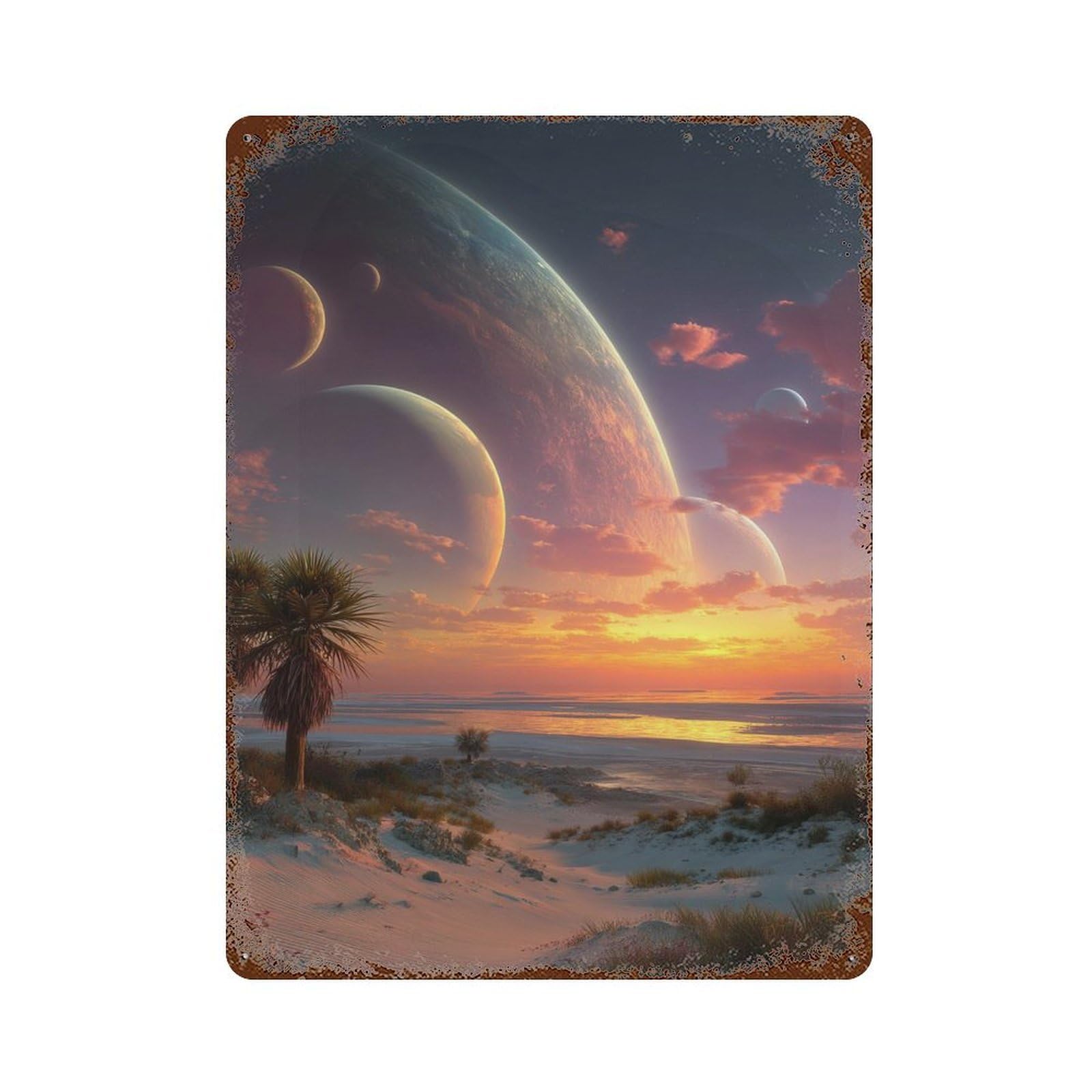 Garage Style Alien Sunset with Planets Aged Metal Wall Plaque 15.7"x11.8", Novelty Wall Decor for Bar And Workshop