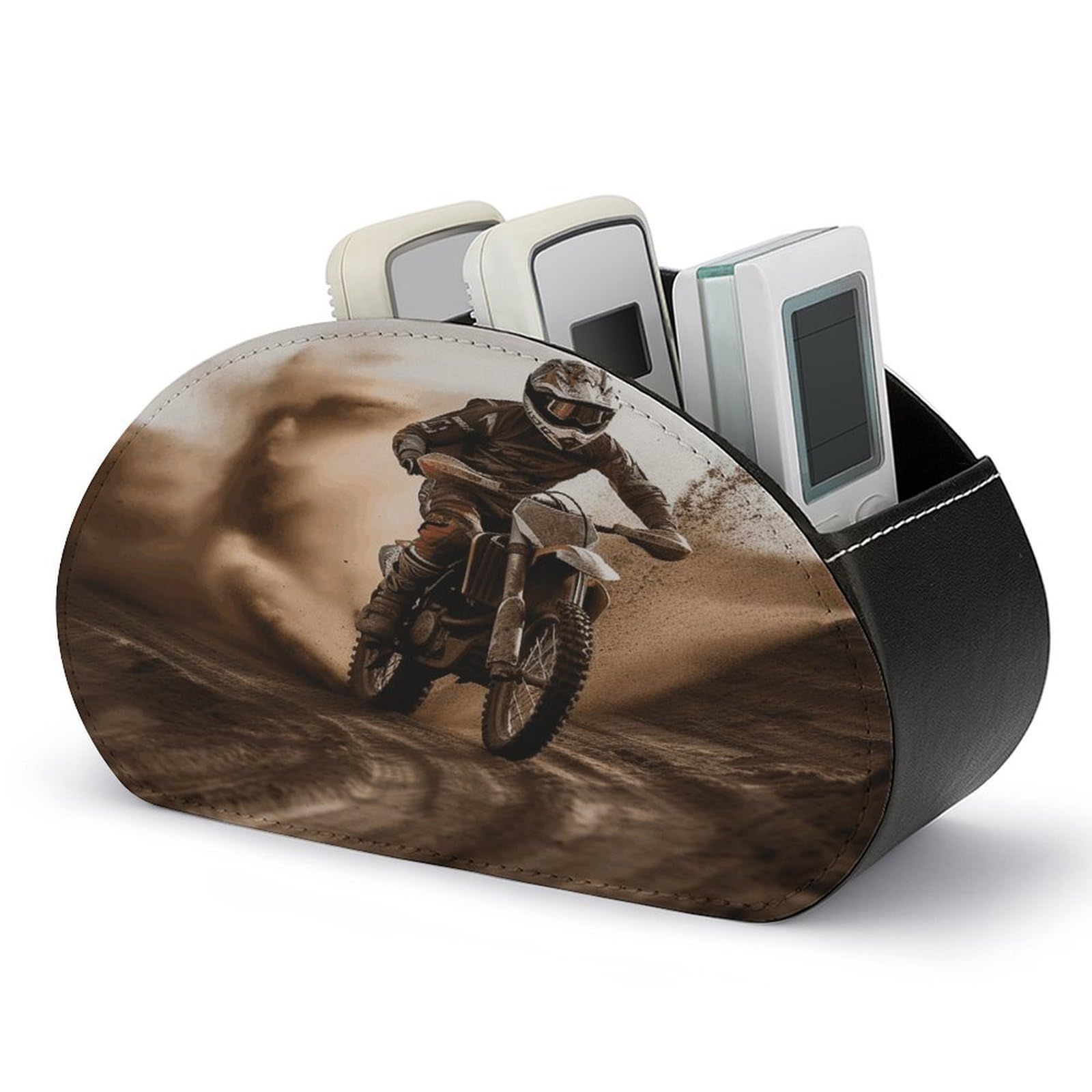 FekiLoot Motocross Remote Control Holder with 5 Compartments - PU Leather Remote Caddy Desktop Organizer, Personalized TV Media Remote Storage Box for Home Coffee Desk Accessories