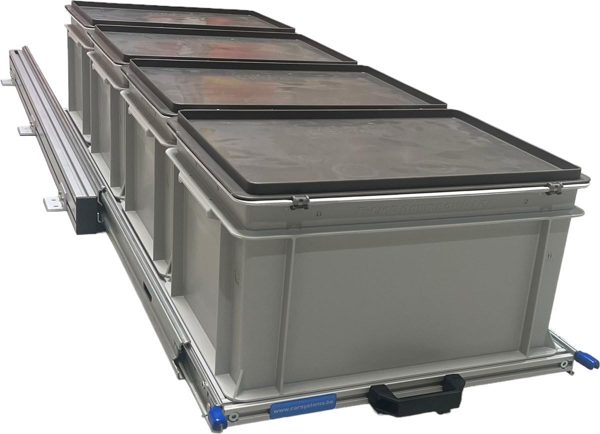 Plateau coulissant en aluminium pour camping-car 120x40 cm comprenant 4 bacs plastiques avec couvercles