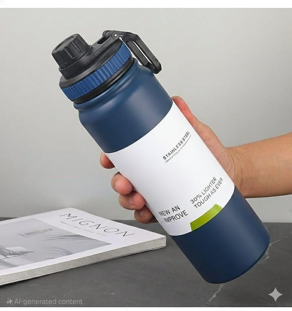 Gym Water Bottle Stainless Steel Large Capacity Sports Water Bottle Leak Proof Wide Mouth Metal Water Bottle for Workout Fitness Running Cycling 1000 ML (Admiral Blue)-image-16