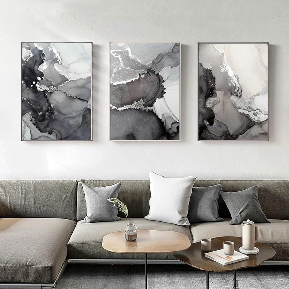 Hurcp Black, Grey, Silver Set Of 3 Canvas Poster Modern Black Grey Silver Abstract Artwork Aesthetic Wall Art Prints Gift Bedroom Living Room Dorm Gallery Corridor Decor Picture,A2 (42X60cm)