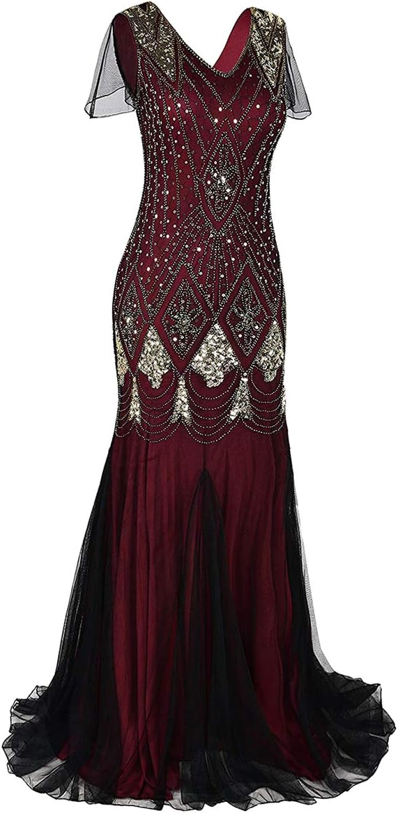 Women Vintage 1920s Gatsby Flapper Evening Party Dress V Neck Art Deco Sequins Mermaid Hem Cocktail Formal Long Maxi Gown - Image 3