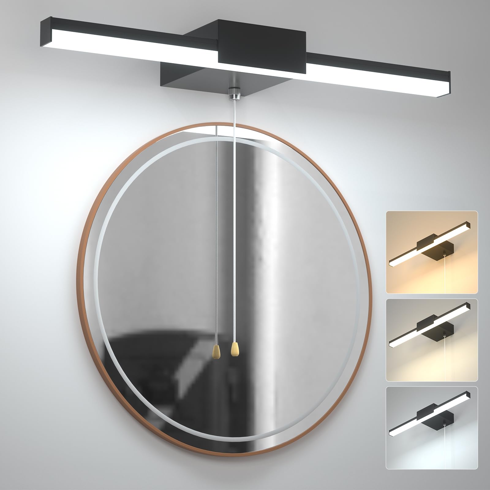 Lamptobe 3-Colour 40CM Bathroom Over Mirror Light with Pull Cord Switch, IP44 Water Resistant 3CCT LED Bathroom Wall Light Fixture Black, 8W AC230V Hard Wired