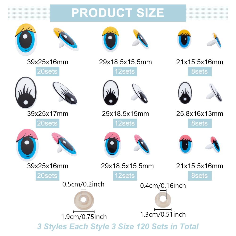 120 Set 9 Stile Kunststoffaugen Zum Basteln, Künstliche Augen Im Cartoon Stil Mit Abstandshalter Set Schwarz Blau Ovale Augen Aus Crsft Süße Sicherheitsaugen Tieraugen Zum Basteln Häkeln