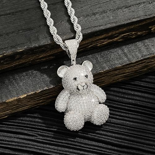 Silver Necklace for Men with Bear Pendant Stainless Steel Rope Chain Fashion Mens Necklaces Iced Out Pendant with Full CZ Trendy Gummy Bear Necklace for Gift
