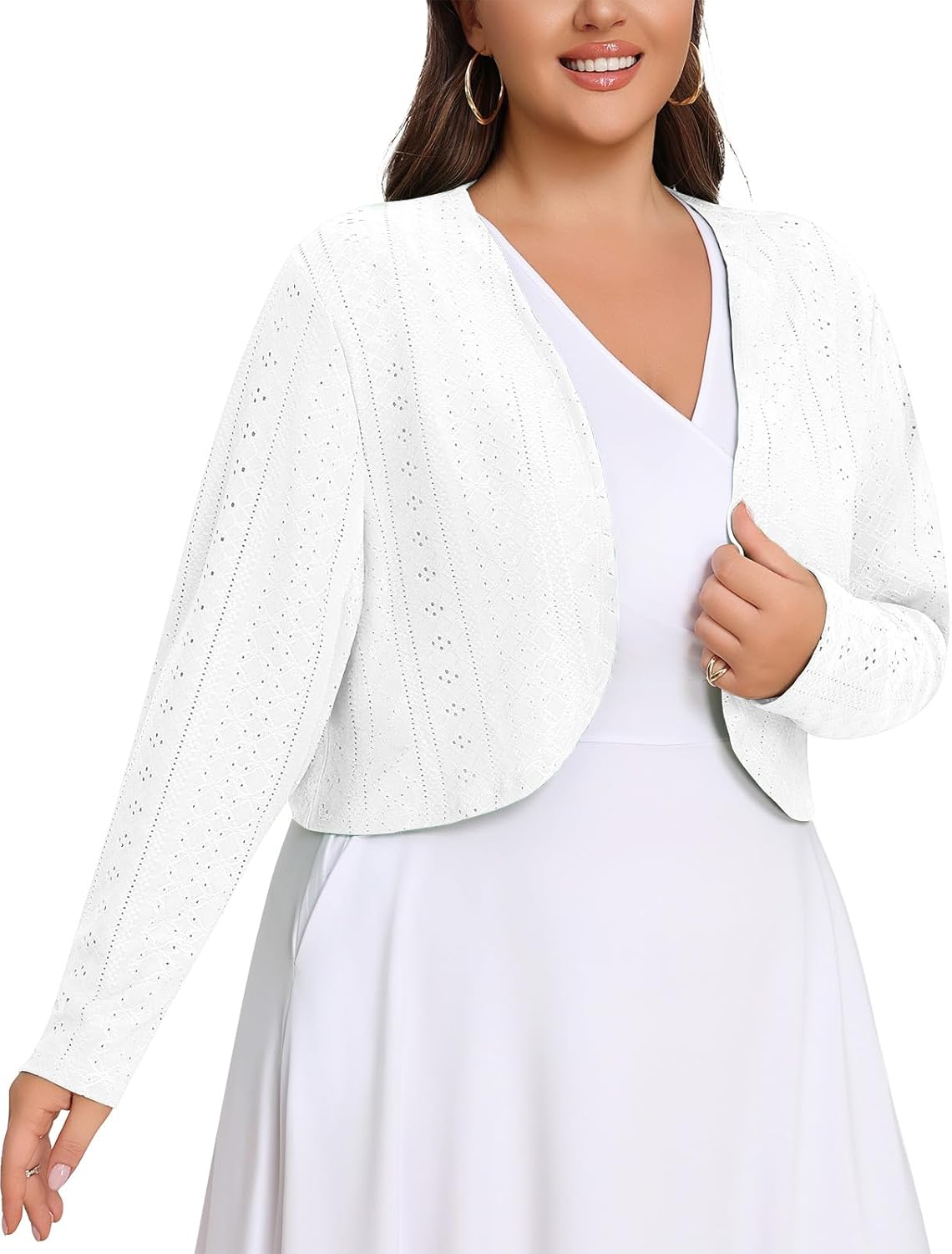 Lastshe Women's Plus Size Shrug Open Front Long Sleeves Cropped Bolero Openwork Dressy Cardigans for Dresses