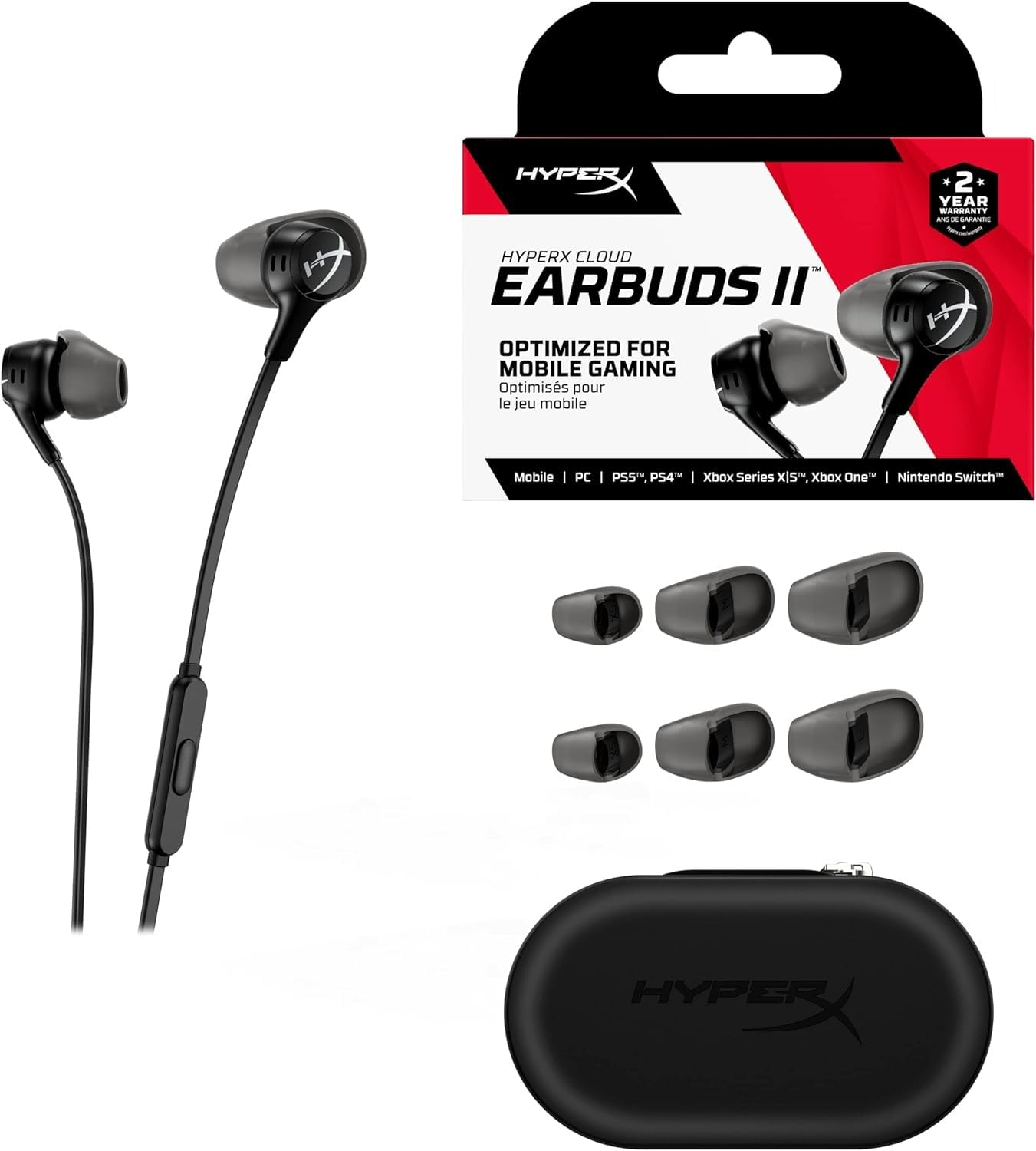 HyperX Cloud II Auricolari, Connettore a 90 Gradi, Cavo Antigroviglio, 4 Misure di Copriauricolari in Silicone, Microfono Integrato e Pulsante Multifunzione, Adatto per Nintendo Switch e PC, Nero