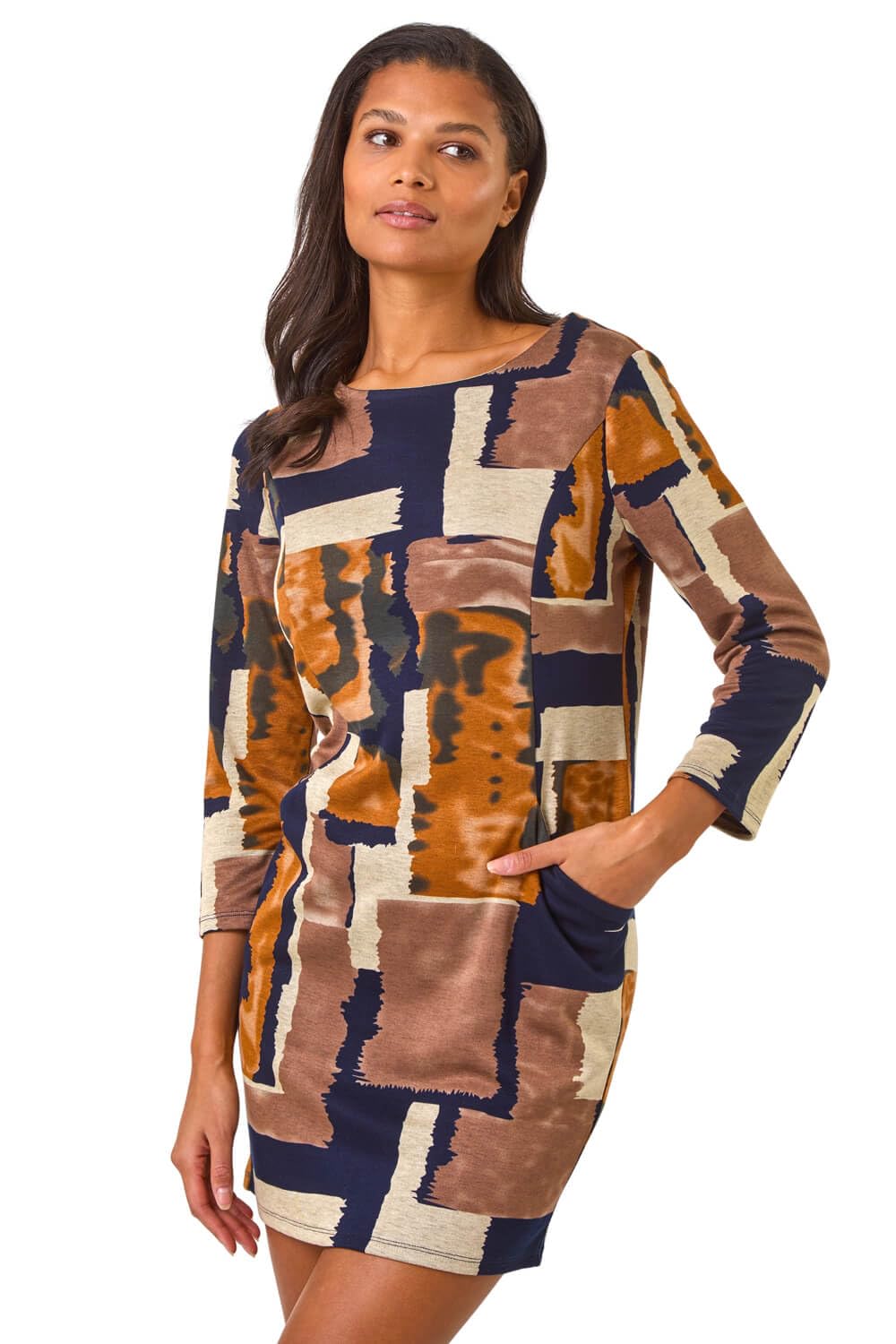 Roman Women Shift Dress with Pockets - Ladies Autumn Winter Tunic 3/4 Length Sleeve Knee Length Smart Casual Office Work Cocktail Party Round Neckline Comfy Soft - Gold - Size 18