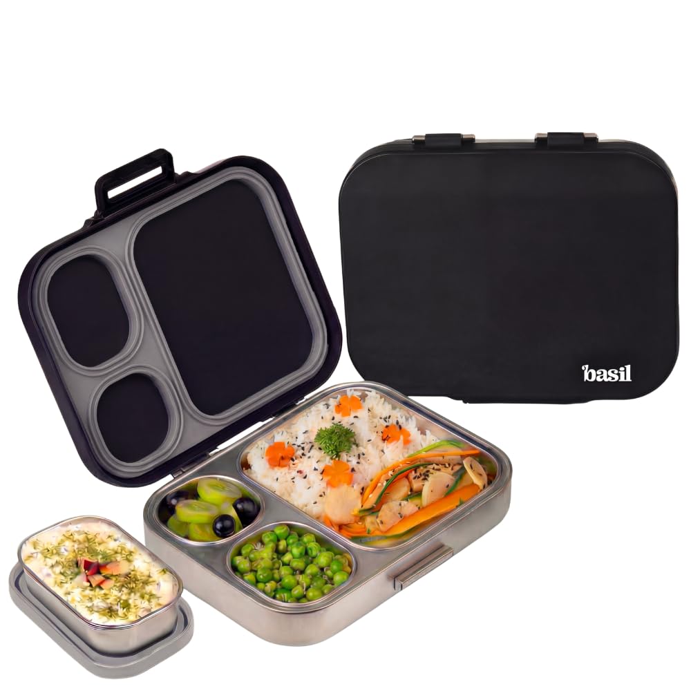 Basil Bento Box Quad Plus -3+1 Compartment Stainless Steel Lunch Box (1020ml) with BPA Free Lid | Leak Proof Tiffin for Kids & Adults | Premium Lunch Box for School, Office & Picnic - Classic Black
