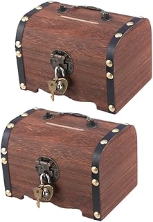 Angoily Small Wooden Box 2pcs Wooden Treasure Chest Kid Piggy Bank Vintage Coin Bank Jewelry Storage Box with Heart Locks Money Saving Jar Toys for Jewelry Money Coin Wooden Stash Box
