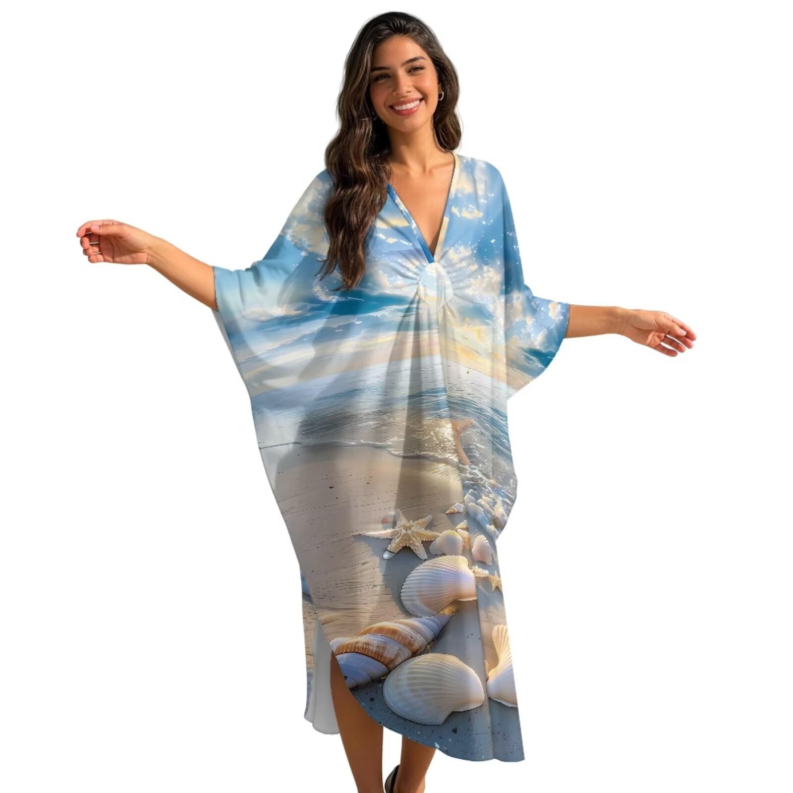 Poceacles Damska sukienka plażowa typu kaftan plus size letnia sukienka dekolt w serek bikini strój kąpielowy okrycie z rękawami nietoperza