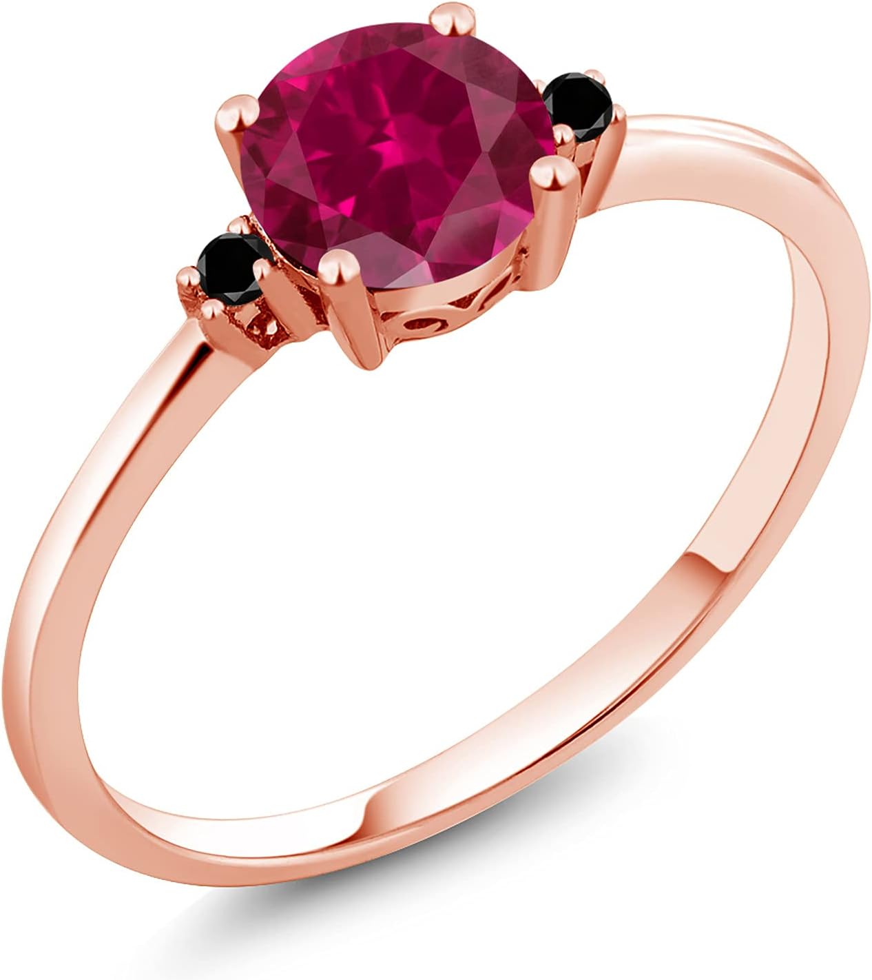 Gem Stone King 10K Rose Gold Red Created Ruby and Black Diamond Solitaire Engagement Ring For Women (1.03 Cttw, Round 6MM, Gemstone July Birthstone)